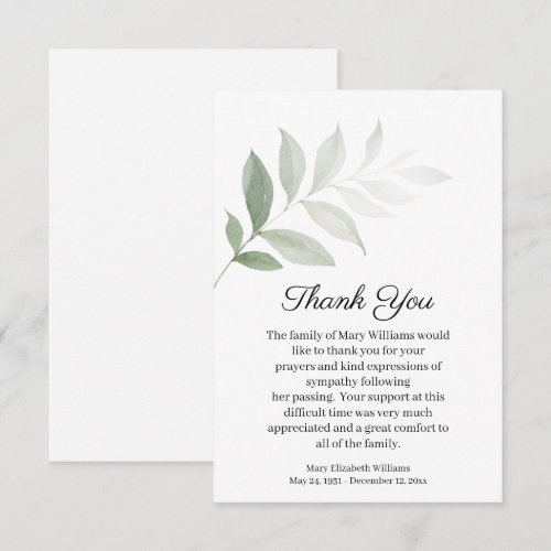 Watercolor Greenery Funeral Thank You Card