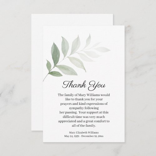 Watercolor Greenery Funeral Thank You Card