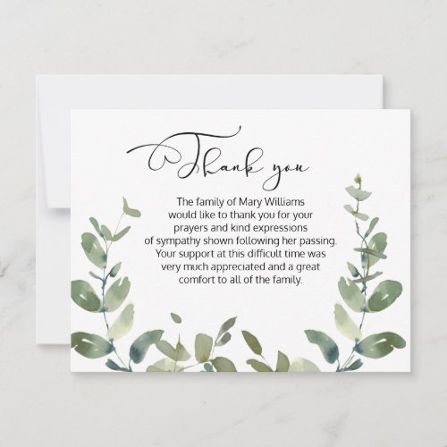 Watercolor Greenery Funeral Thank You Note Card