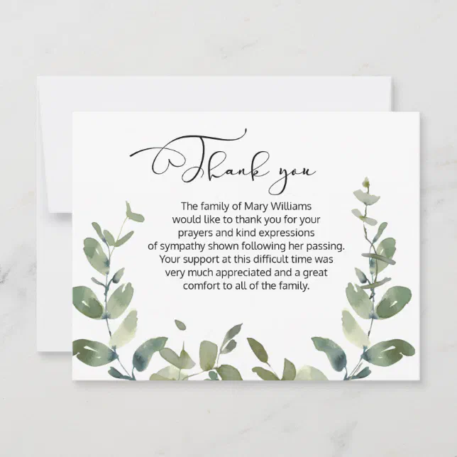 Watercolor Greenery Funeral Thank You Note Card | Zazzle