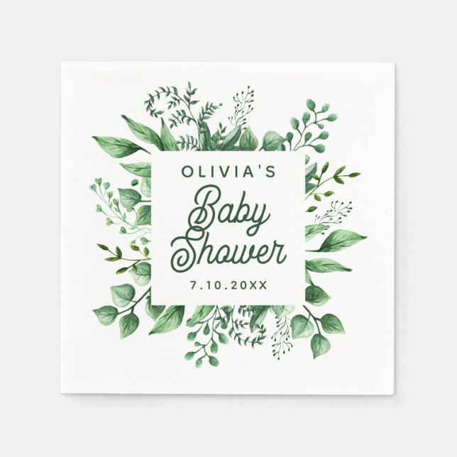 Watercolor greenery garden botanical baby shower napkins (Front)