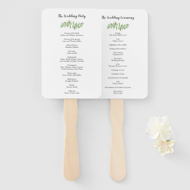 Watercolor Greenery Geen Leaves Wedding Program Hand Fan (Front and Back)
