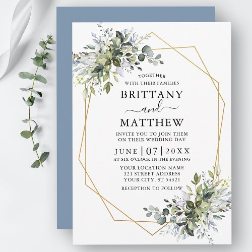 Watercolor Greenery Geo Frame Dusty Blue Wedding Invitation