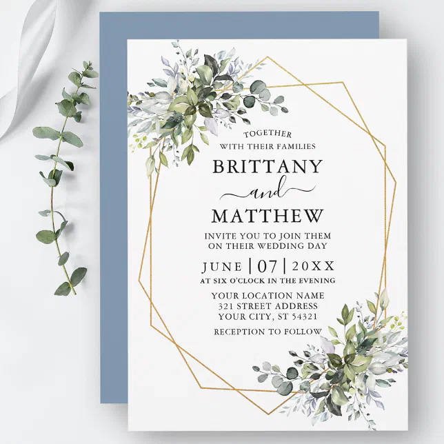 Watercolor Greenery Geo Frame Dusty Blue Wedding Invitation | Zazzle