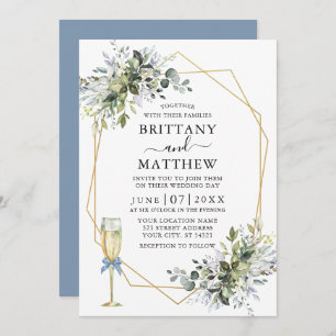 Watercolor Greenery Geo Frame Glass Bow Dusty Blue Invitation