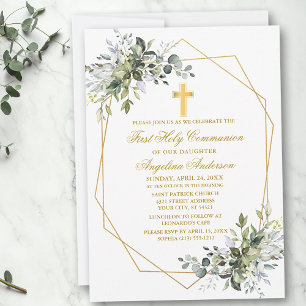 Watercolor Greenery Geo Frame Gold Communion Invitation