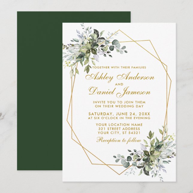 Watercolor Greenery Geo Frame Gold Wedding Invitation (Front/Back)