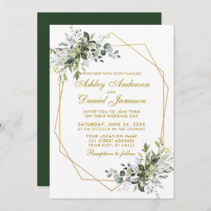 Watercolor Greenery Geo Frame Gold Wedding Invitation