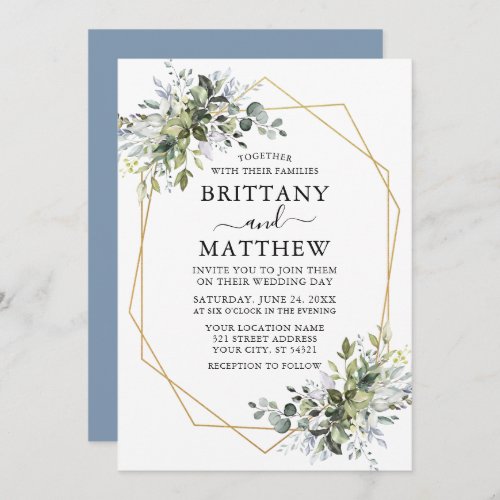 Watercolor Greenery Geo Frame Wedding Dusty Blue Invitation