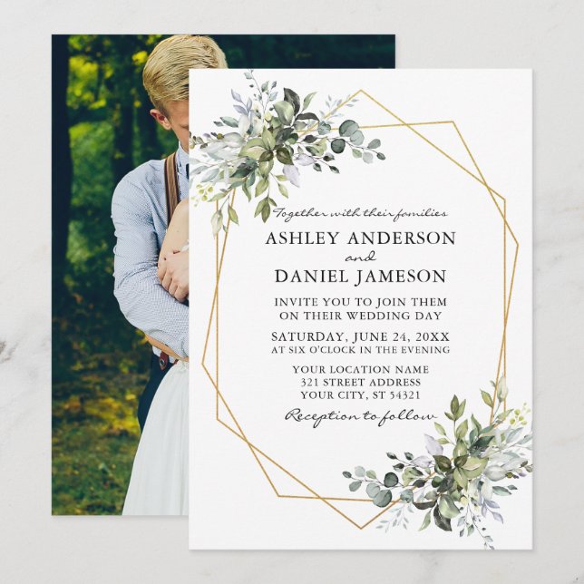 Watercolor Greenery Geo Frame Wedding Photo Back Invitation (Front/Back)