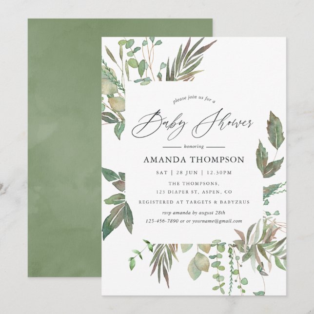 Watercolor Greenery Geometric Baby Shower Invitation (Front/Back)
