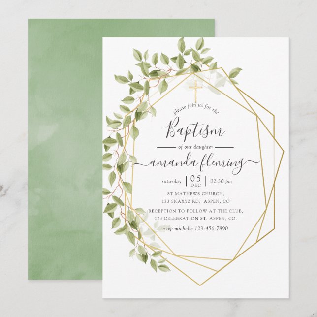 Watercolor Greenery Geometric Baptism Invitation (Front/Back)