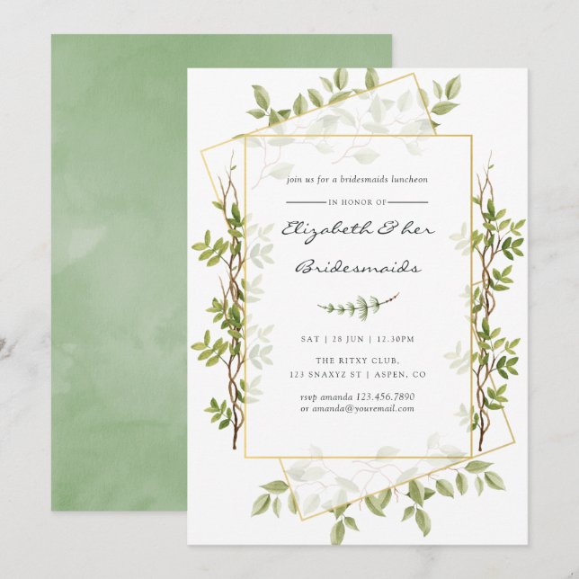 Watercolor Greenery Geometric Bridesmaids Luncheon Invitation (Front/Back)