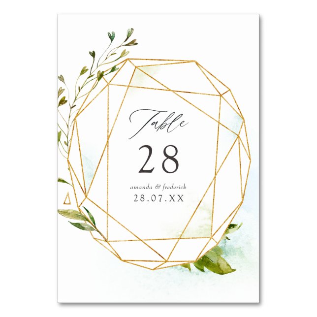 Watercolor Greenery Geometric Crystal Wedding Table Number (Front)