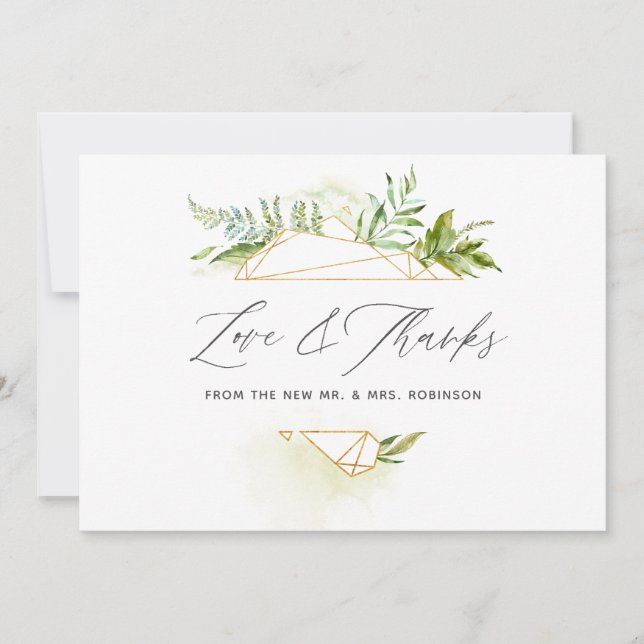 Watercolor Greenery Geometric Crystal Wedding Thank You Card (Front)