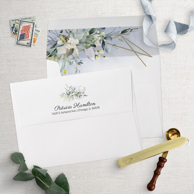 Watercolor Greenery Geometric Dusty Blue Envelope (Creator Uploaded)