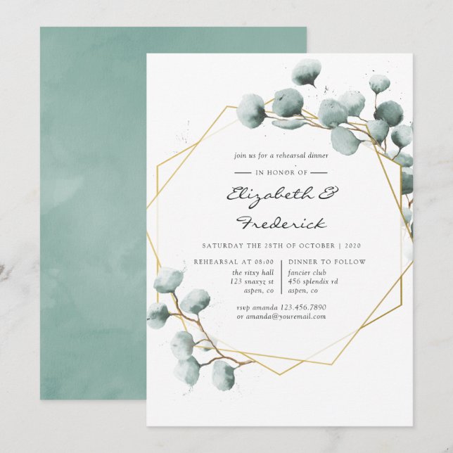 Watercolor Greenery Geometric Rehearsal Dinner Invitation (Front/Back)