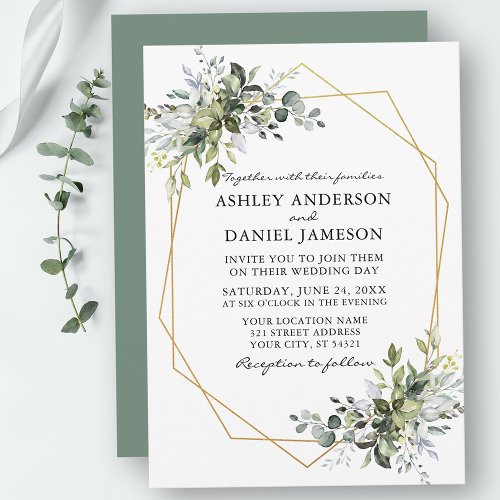 Watercolor Greenery Geometric Sage Green Wedding Invitation