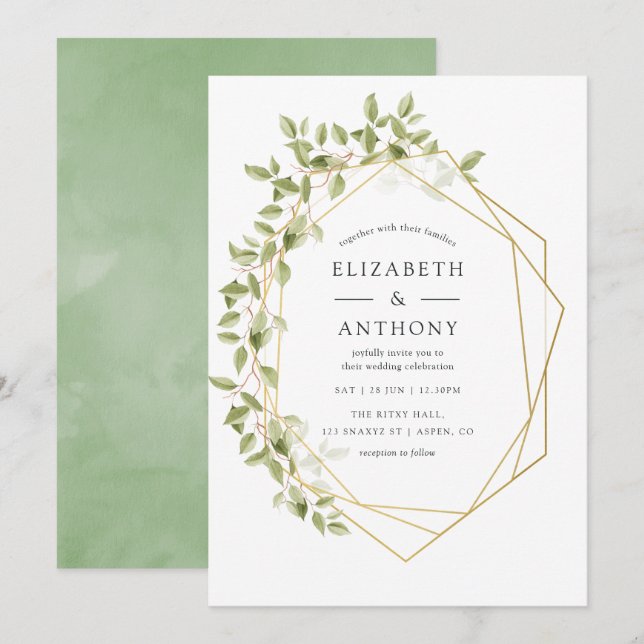Watercolor Greenery Geometric Wedding Invitation (Front/Back)