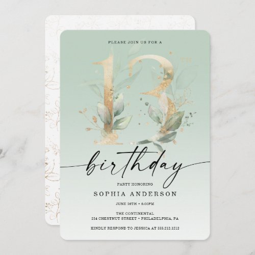 Watercolor Greenery Gold 13th Birthday Party Invit Invitation