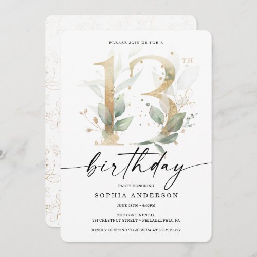 Watercolor Greenery Gold 13th Birthday Party Invitation