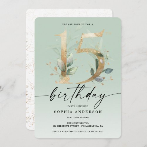 Watercolor Greenery Gold 15th Birthday Party Invit Invitation