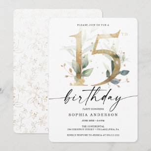 Watercolor Greenery Gold 15th Birthday Party Invitation