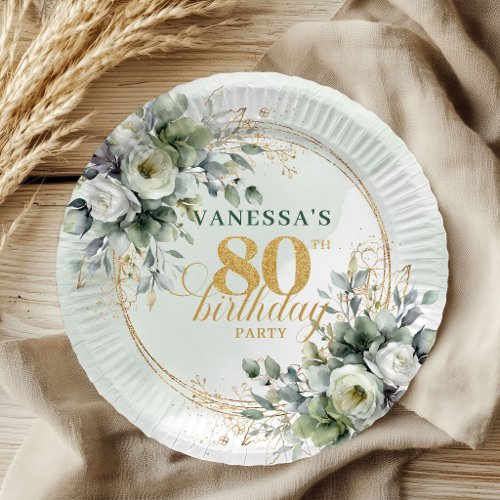Watercolor Greenery Gold 80th Birthday Event Plate