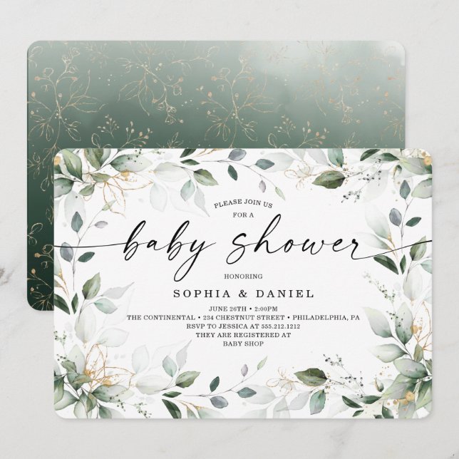 Watercolor Greenery Gold Baby Shower Invitation (Front/Back)
