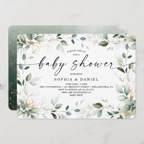 Watercolor Greenery Gold Baby Shower Invitation