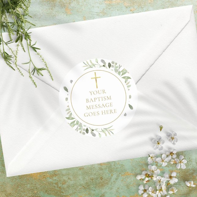 Watercolor Greenery Gold Baptism Message Classic Round Sticker (Creator Uploaded)