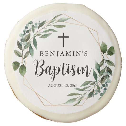 Watercolor Greenery Gold Baptism Sugar Cookies (Front)