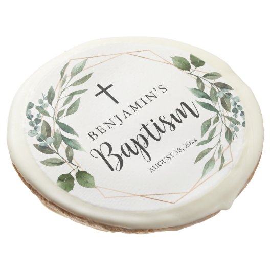 Watercolor Greenery Gold Baptism Sugar Cookies (Angled)