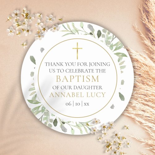 Watercolor Greenery Gold Baptism Thank You Classic Round Sticker