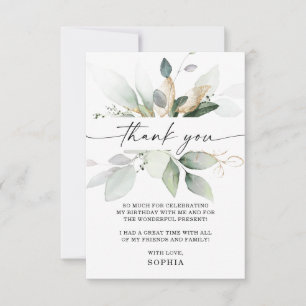Watercolor Greenery Gold Birthday Thank You Card