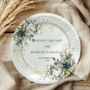 Watercolor Greenery Gold Botanical Wedding Paper Plates