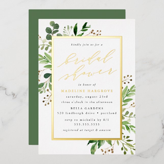 Watercolor Greenery Gold Bridal Shower Foil Invitation (Front/Back)