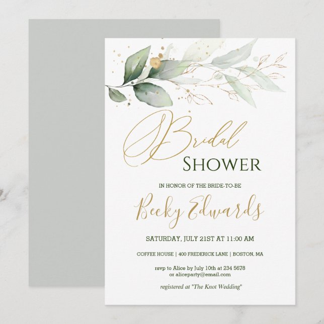 Watercolor Greenery/gold Bridal Shower Invitation (Front/Back)