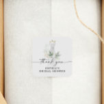 Watercolor Greenery Gold Bridal Shower Thank You Square Sticker<br><div class="desc">This elegant design features a soft watercolor bouquet of eucalyptus,  greenery and gold embellishments wrapping around a painted dress. Click the Personalize and "Click to customize further" button to edit the script wording's color. See the entire collection for more matching items!</div>