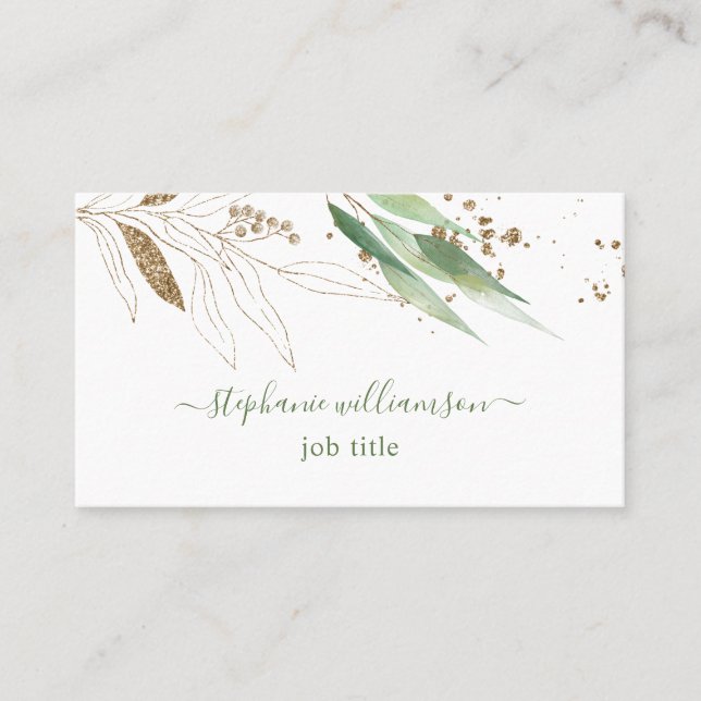 Watercolor  Greenery & Gold Business Card (Front)