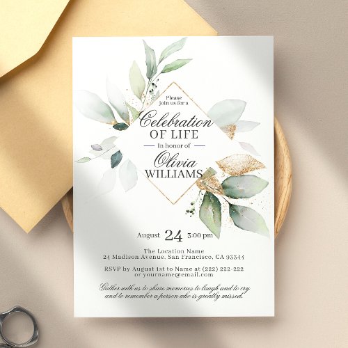 Watercolor Greenery Gold Celebration of Life Invitation