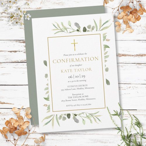 Watercolor Greenery Gold Confirmation Invitation