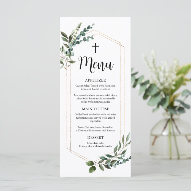 Watercolor Greenery Gold Cross Baptism Menu (Standing Front)