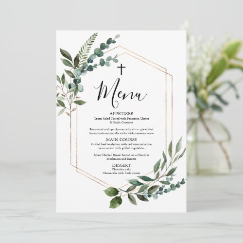 Watercolor Greenery Gold Cross Baptism Menu Card