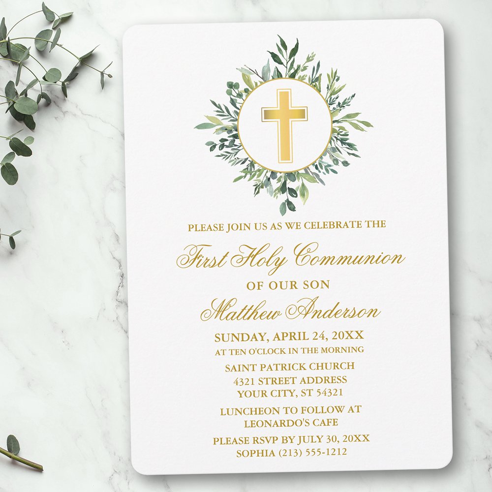 Watercolor Greenery Gold Cross First Communion Invitation