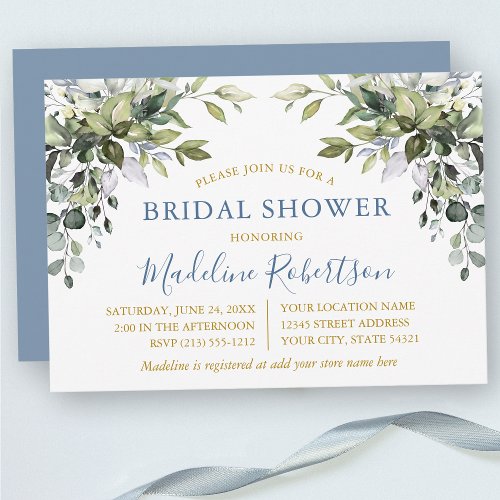 Watercolor Greenery Gold Dusty Blue Bridal Shower Invitation