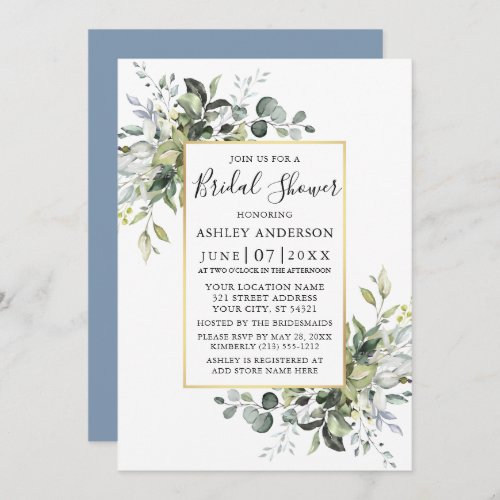  Watercolor Greenery Gold Dusty Blue Shower Invitation