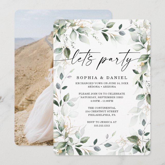 Watercolor Greenery Gold Elopement Celebration Invitation (Front/Back)