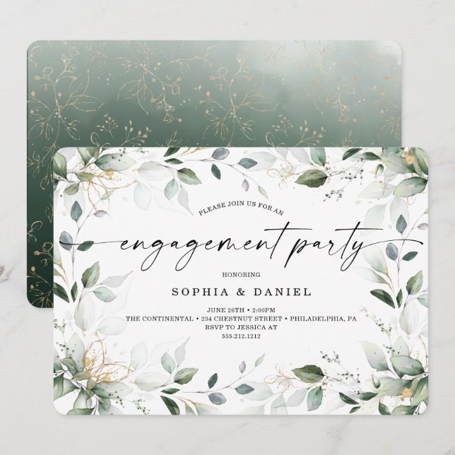 Watercolor Greenery Gold Engagement Party Invitation (Front/Back)