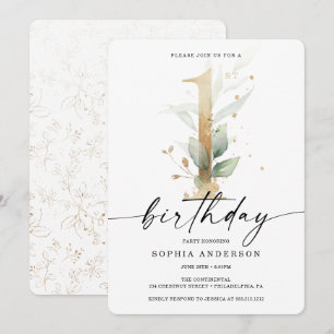 Watercolor Greenery Gold First Birthday 1st Invita Invitation